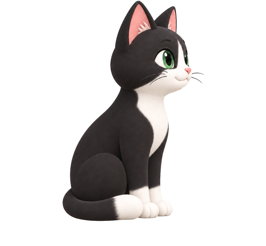 A tuxedo clay cat, black with a white chest